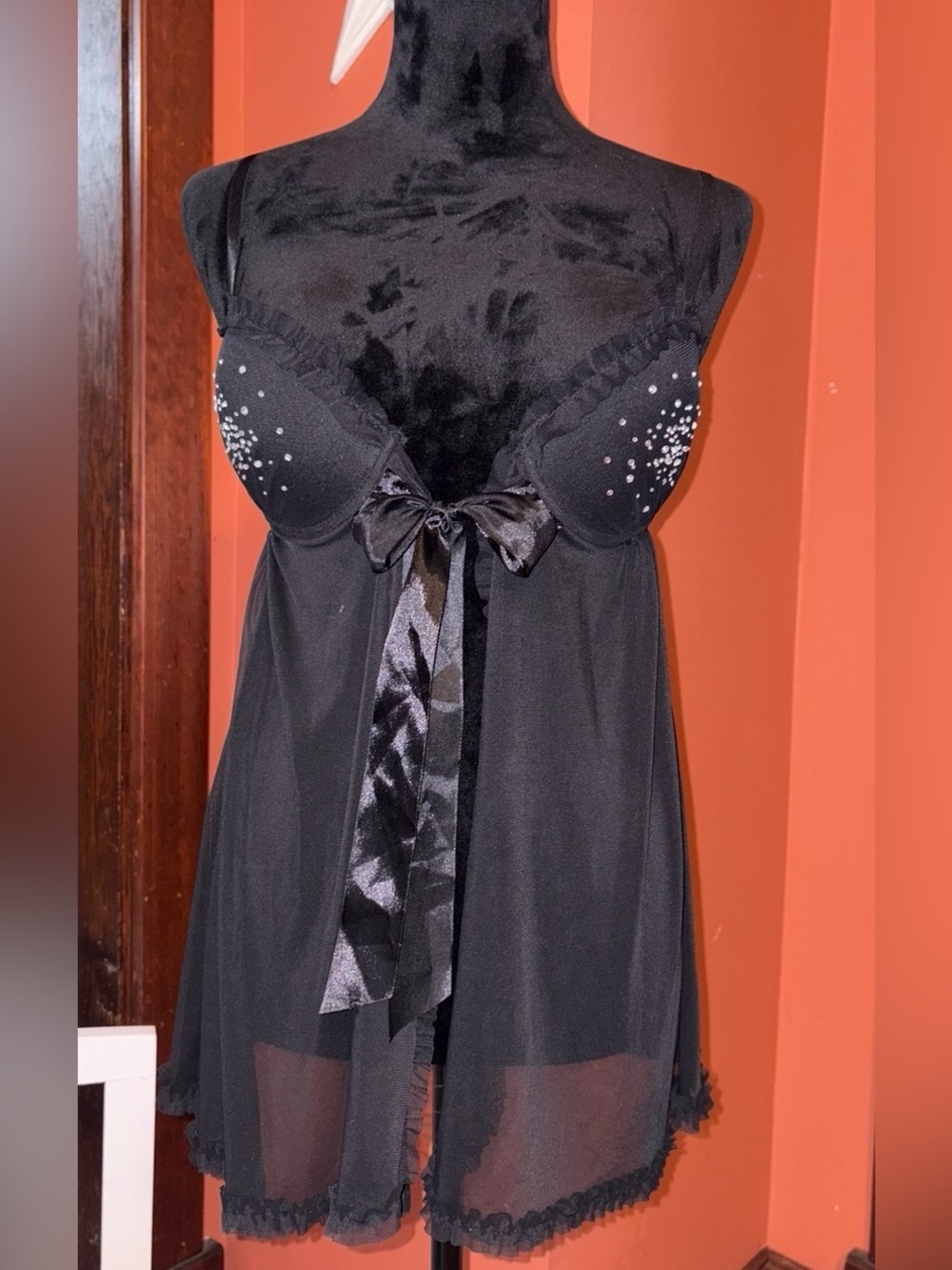 Y2K Black Sheer Babydoll Nightdress with Bow and rhinestones